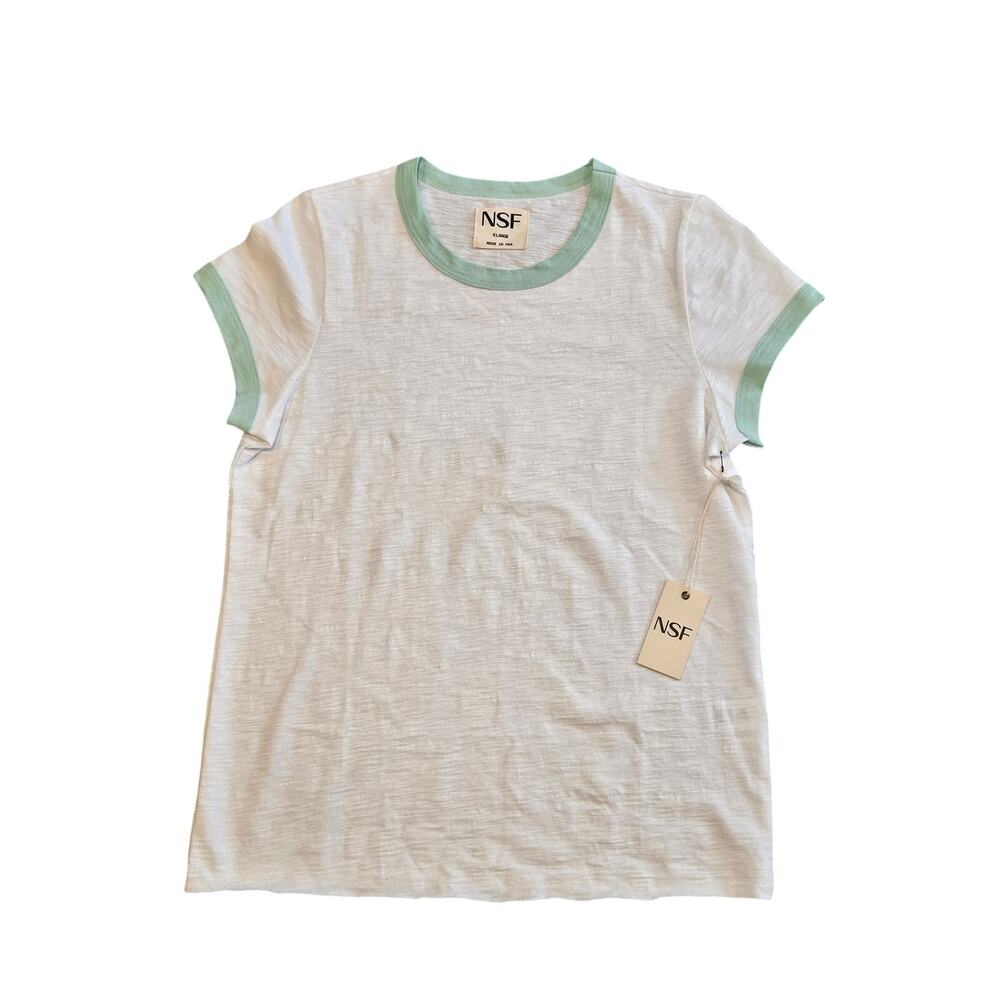 NSF burnout baby tee white mint green trim cotton Womens XL new fitted raw hem